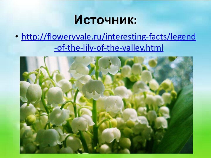 Источник:http://floweryvale.ru/interesting-facts/legend-of-the-lily-of-the-valley.html