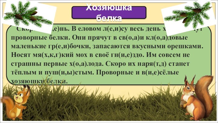 Скоро ос(и,е)нь. В еловом л(е,и)су весь день хл(а,о)почут проворные белки.