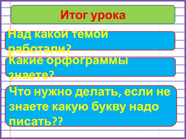 Итог урокаНад какой темой работали?Какие орфограммы знаете?Что нужно делать, если не знаете какую букву надо писать??