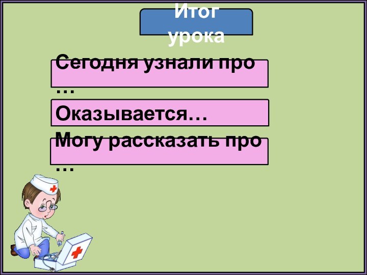 Итог урокаСегодня узнали про …Оказывается…Могу рассказать про …