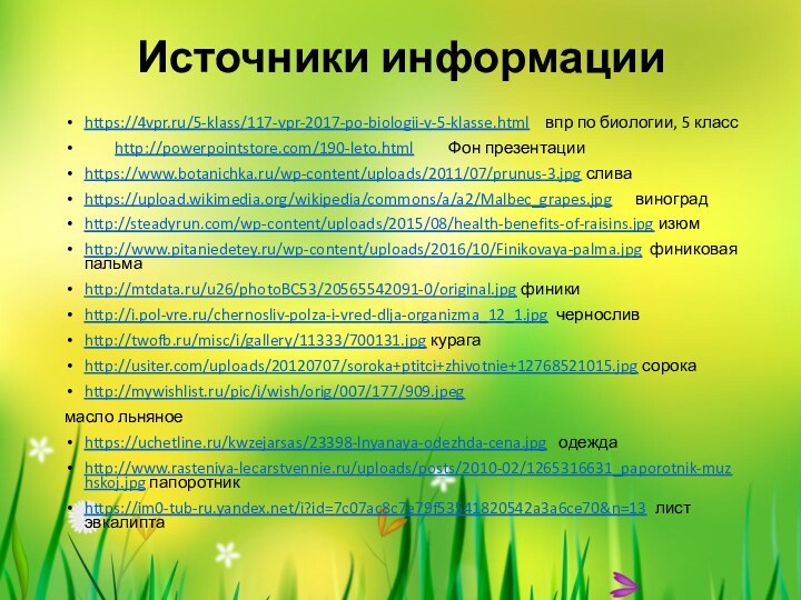 Источники информацииhttps://4vpr.ru/5-klass/117-vpr-2017-po-biologii-v-5-klasse.html  впр по биологии, 5 класс