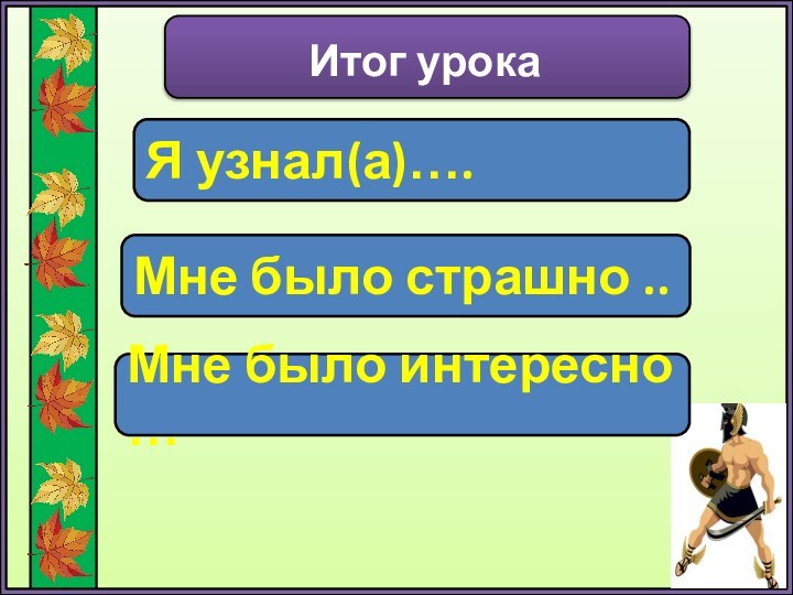 Итог урокаЯ узнал(а)….Мне было страшно ..Мне было интересно …