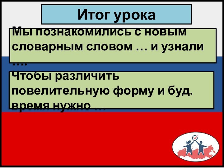 Итог урокаМы познакомились с новым словарным словом … и узнали ….Чтобы различить