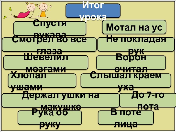 Итог урокаСпустя рукаваНе покладая рукШевелил мозгамиВорон считалХлопал ушамиСлышал краем ухаДо 7-го потаДержал