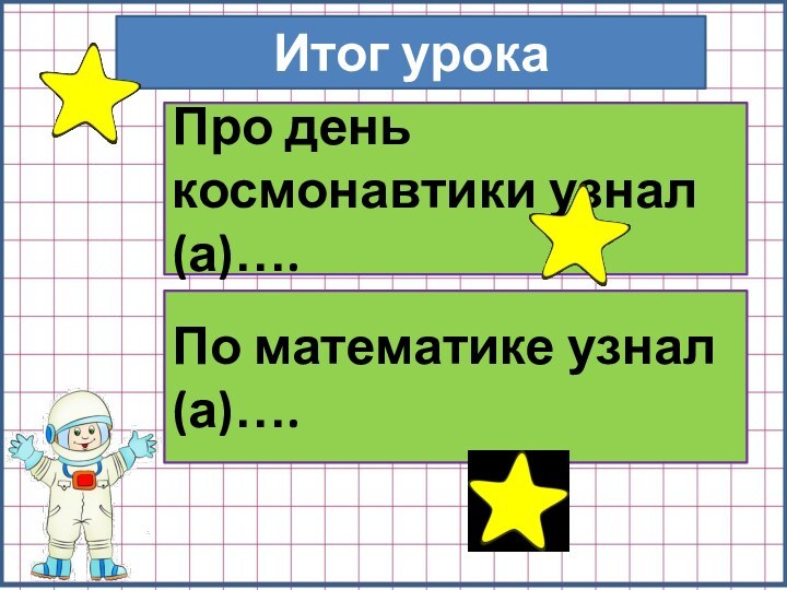 Итог урокаПро день космонавтики узнал(а)….По математике узнал(а)….