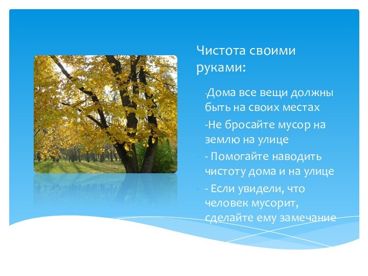 Чистота своими руками:-Дома все вещи должны быть на своих местах-Не бросайте мусор