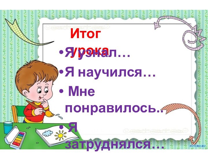 Итог урокаЯ узнал…Я научился… Мне понравилось.. Я затруднялся…