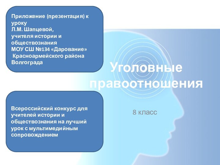 Уголовные правоотношения8 классПриложение (презентация) к урокуЛ.М. Шапцевой,учителя истории и обществознанияМОУ СШ №134