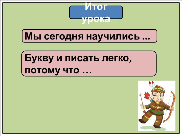 Итог урокаМы сегодня научились ...Букву и писать легко, потому что …