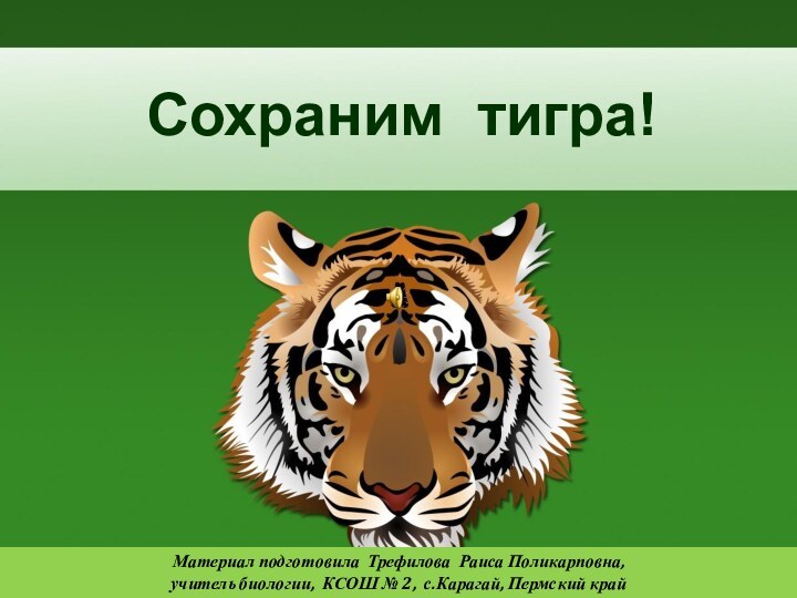 Сохраним тигра! Материал подготовила Трефилова Раиса Поликарповна, учитель биологии, КСОШ № 2, с.Карагай, Пермский край