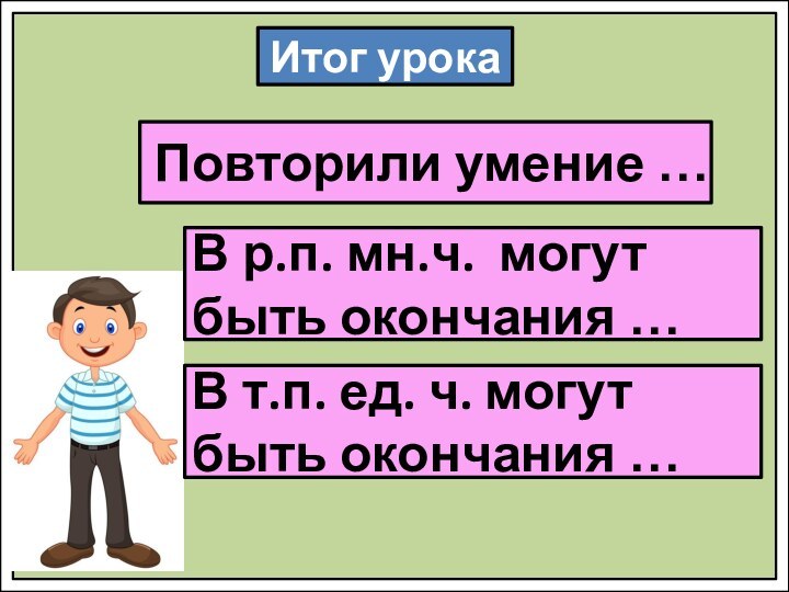 Итог урокаПовторили умение …В р.п. мн.ч. могут быть окончания …В т.п. ед.