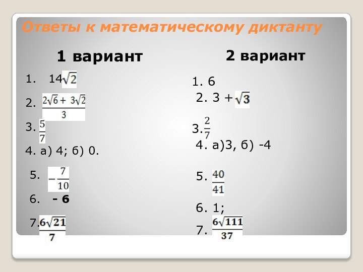 Ответы к математическому диктанту1 вариант2 вариант1.  142.3.4. а) 4; б) 0.