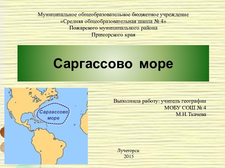 Саргассово море Муниципальное общеобразовательное бюджетное учреждение «Средняя общеобразовательная школа № 4»Пожарского муниципального