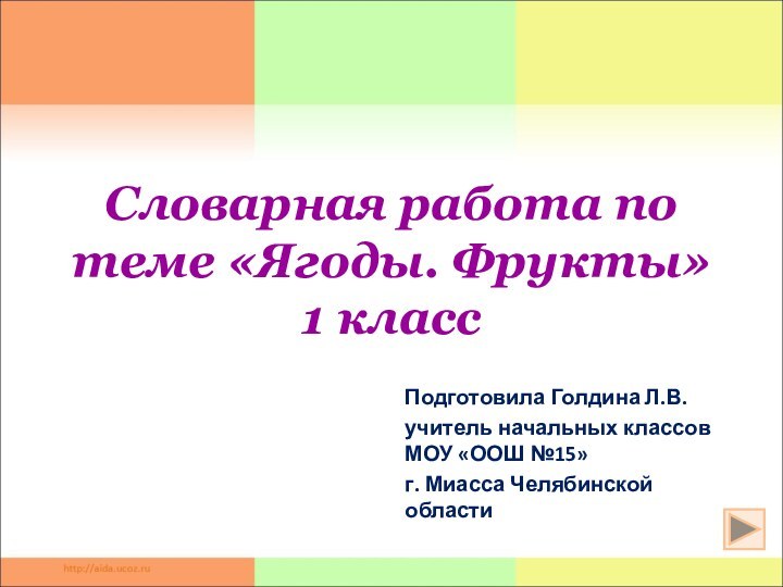 Словарная работа по теме «Ягоды. Фрукты» 1 классПодготовила Голдина Л.В.учитель начальных классов