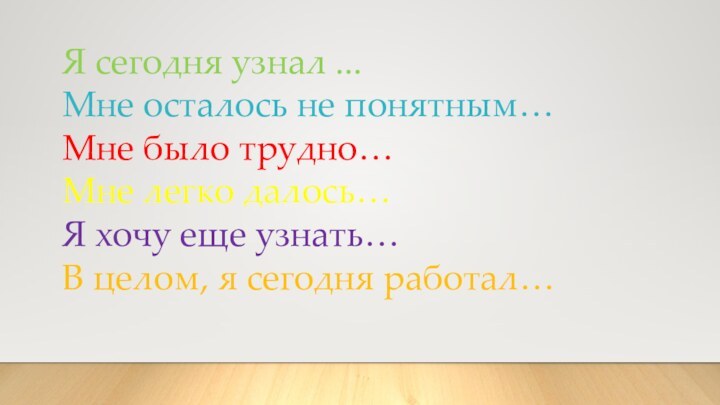 Я сегодня узнал ...Мне осталось не понятным…Мне было трудно…Мне легко далось…Я хочу