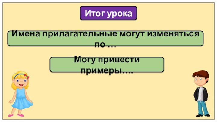 Имена прилагательные могут изменяться по …Итог урокаМогу привести примеры….