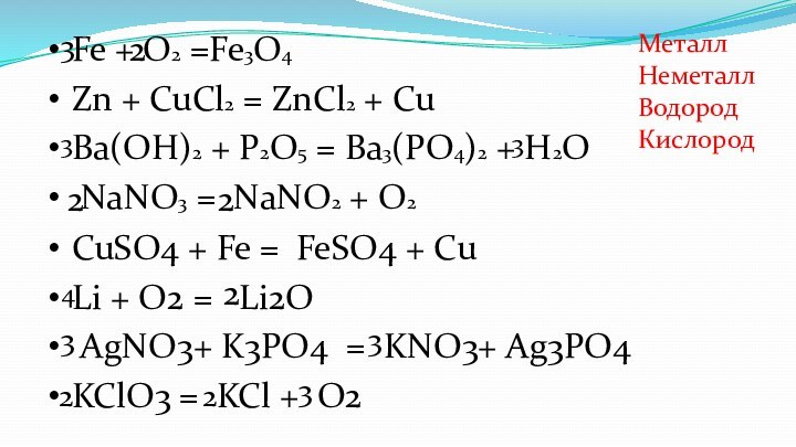 Fe + O2 =Fe3O4        Zn