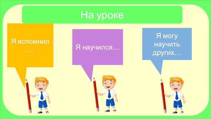 На урокеЯ вспомнил …Я научился…Я могу научить других…