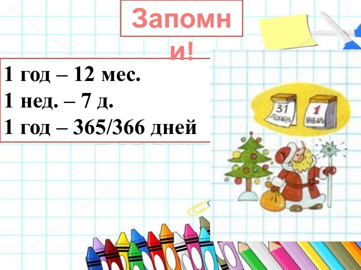 1 год – 12 мес.1 нед. – 7 д.1 год – 365/366 днейЗапомни!