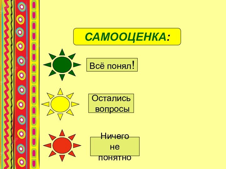 САМООЦЕНКА:Всё понял!Остались вопросыНичего не понятно