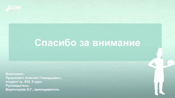 Выполнил: Прашкович Алексей Геннадьевич, студент гр. 832, II курсРуководитель: Воронсцова О.Г., преподаватель Спасибо за внимание