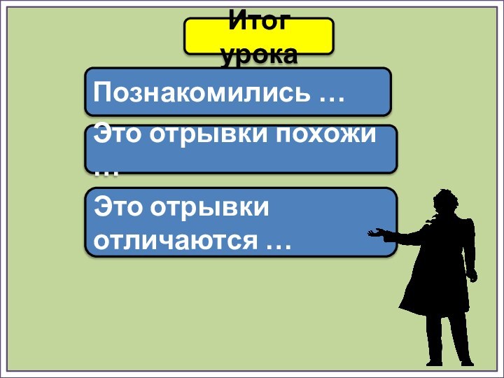 Итог урокаПознакомились …Это отрывки похожи …Это отрывки отличаются …