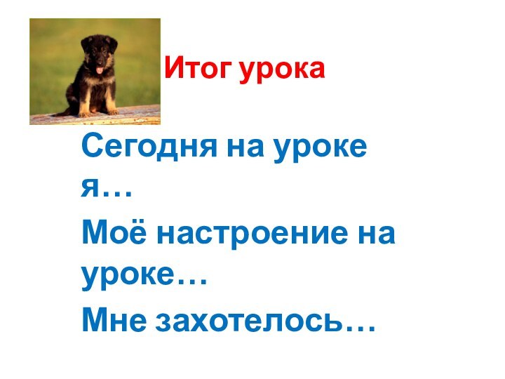 Итог урокаСегодня на уроке я…Моё настроение на уроке…Мне захотелось…