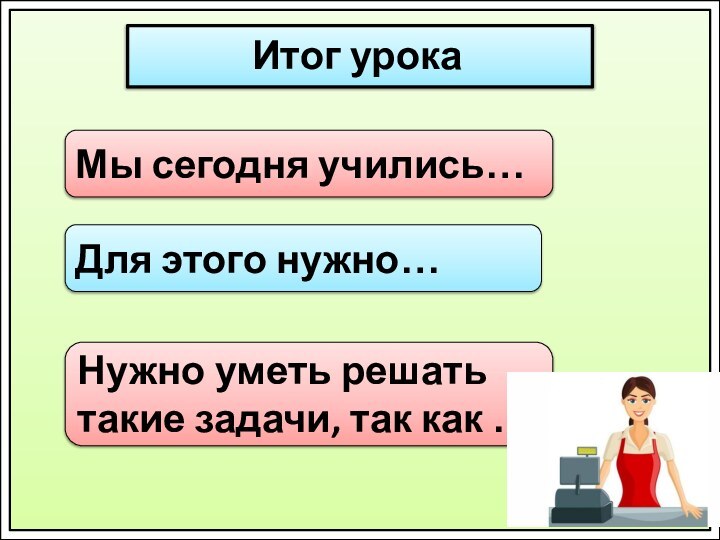 Итог урокаМы сегодня учились…Для этого нужно…Нужно уметь решать такие задачи, так как …