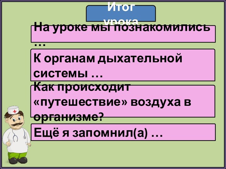 Итог урокаНа уроке мы познакомились …К органам дыхательной системы …Как происходит «путешествие»