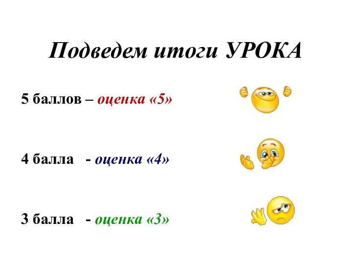 Подведем итоги УРОКА5 баллов – оценка «5»4 балла  - оценка «4»3