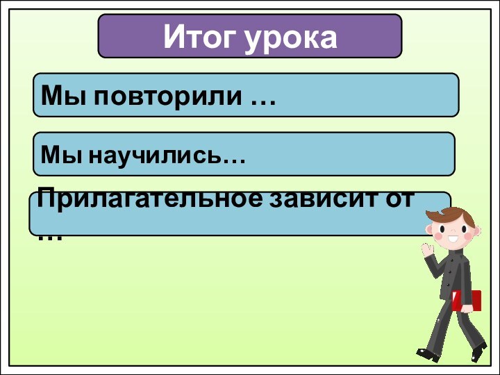 Итог урокаМы повторили …Мы научились…Прилагательное зависит от …