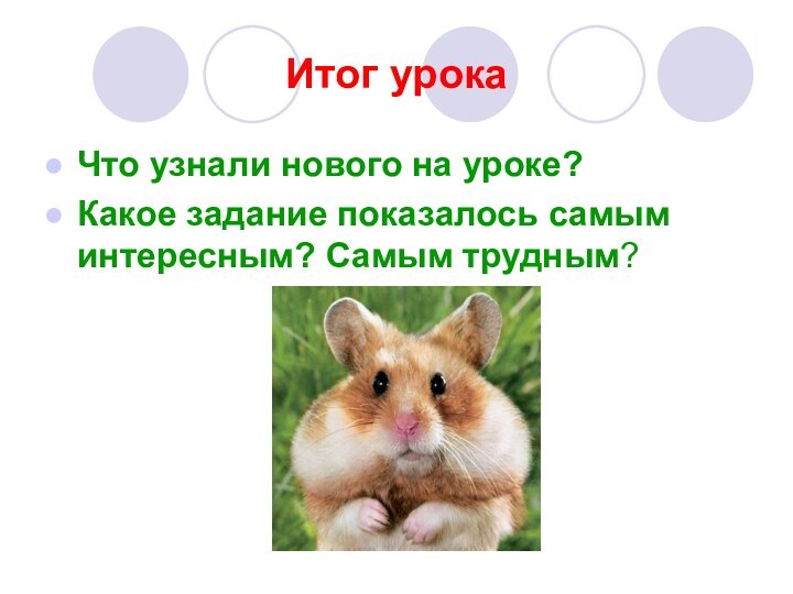 Итог урокаЧто узнали нового на уроке?Какое задание показалось самым интересным? Самым трудным?