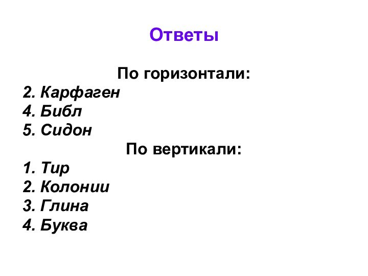 ОтветыПо горизонтали: 2. Карфаген4. Библ5. СидонПо вертикали: 1. Тир2. Колонии3. Глина4. Буква