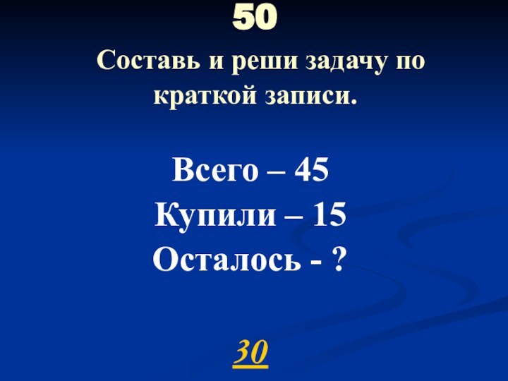 50  Составь и реши задачу по краткой записи.Всего – 45Купили – 15Осталось - ?30