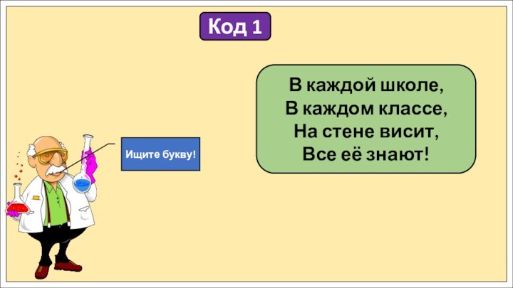 Код 1В каждой школе, В каждом классе, На стене висит, Все её знают!Ищите букву!