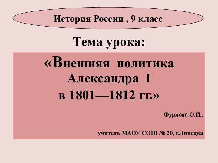 Тема урока:«Внешняя политика Александра I в 1801—1812 гг.»Фурлова О.И., учитель МАОУ СОШ