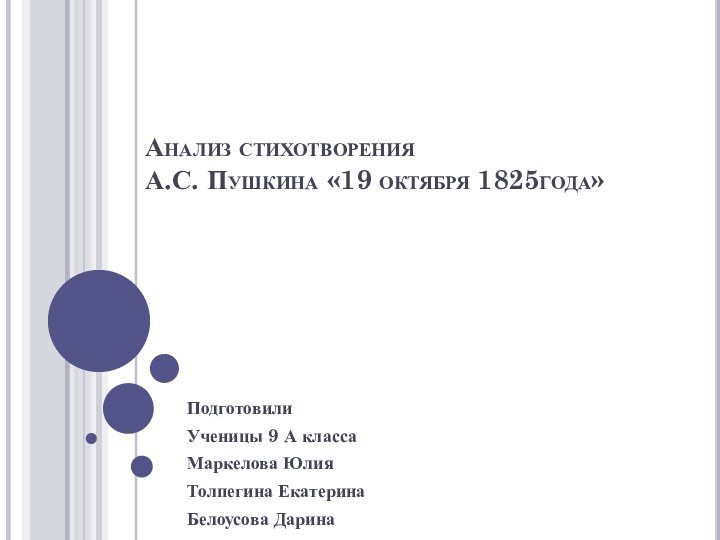 Анализ стихотворения  А.С. Пушкина «19 октября 1825года»Подготовили Ученицы 9 А классаМаркелова ЮлияТолпегина ЕкатеринаБелоусова Дарина