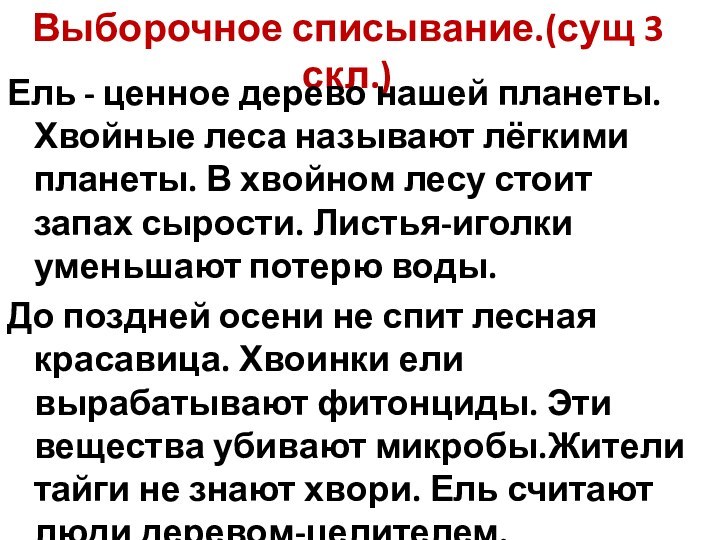 Выборочное списывание.(сущ 3 скл.)Ель - ценное дерево нашей планеты. Хвойные леса называют