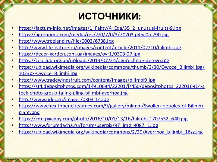 ИСТОЧНИКИ:https://factum-info.net/images/1_Fakty/4_Eda/35_2_unusual-fruits-9.jpghttps://agronomu.com/media/res/7/0/7/0/3/70703.p45c0o.790.jpghttp://www.treeland.ru/file/0003/6738.jpghttp://www.life-nature.ru/images/content/article/2011/02/10/bilimbi.jpghttps://decor-garden.com.ua/images/ovr1/0303-07.jpghttps://zooclub.org.ua/uploads/2019/07/24/ogurechnoe-derevo.jpghttps://upload.wikimedia.org/wikipedia/commons/thumb/3/30/Owoce_Bilimbi.jpg/1023px-Owoce_Bilimbi.jpghttp://www.tradewindsfruit.com/content/images/bilimbi9.jpghttps://st4.depositphotos.com/14910684/22201/i/450/depositphotos_222016914-stock-photo-group-taling-pling-bilimbi-averhoa.jpghttp://www.udec.ru/images/0303-14.jpghttps://www.healthbenefitstimes.com/9/gallery/bilimbi/Swollen-petioles-of-Bilimbi-plant.pnghttps://cdn.pixabay.com/photo/2016/10/01/13/16/bilimbi-1707532_640.jpghttp://www.forumdacha.ru/forum/userpix/97_img_9087_1.jpghttps://upload.wikimedia.org/wikipedia/commons/2/29/Averrhoa_bilimbi_16zz.jpg