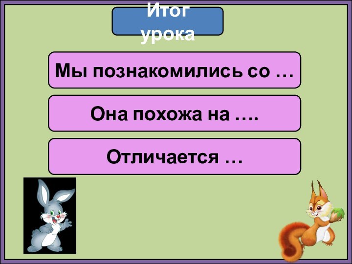 Итог урокаМы познакомились со …Она похожа на ….Отличается …