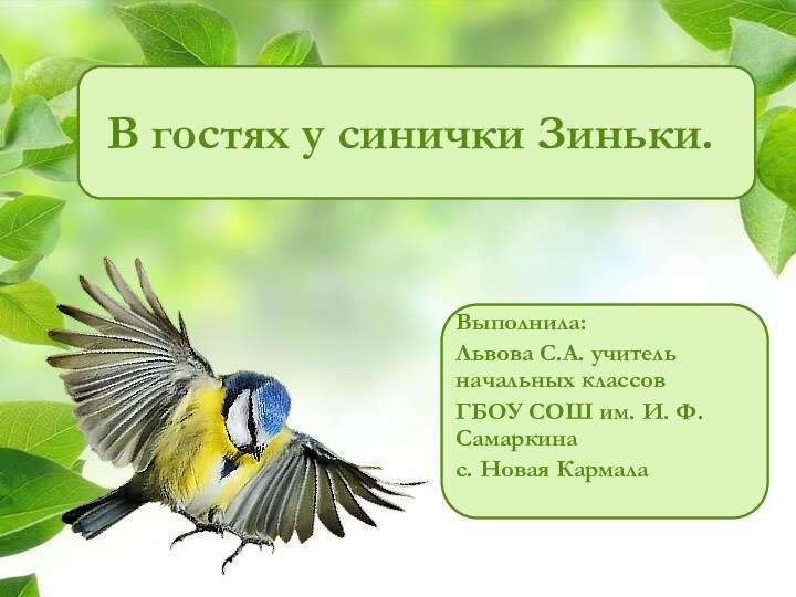 В гостях у синички Зиньки.Выполнила:Львова С.А. учитель начальных классов ГБОУ СОШ им.