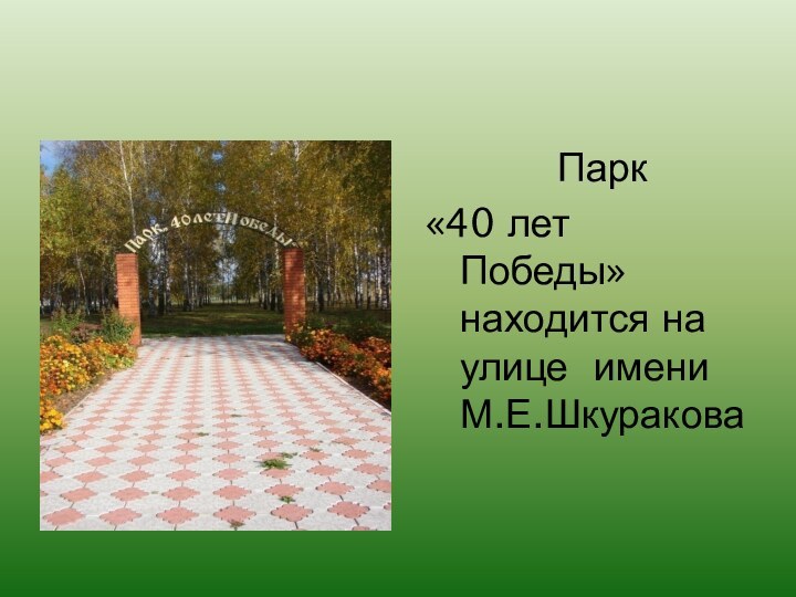 Парк«40 лет Победы» находится на улице имени  М.Е.Шкуракова