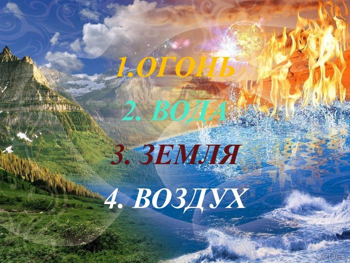 1.ОГОНЬ2. ВОДА3. ЗЕМЛЯ4. ВОЗДУХ