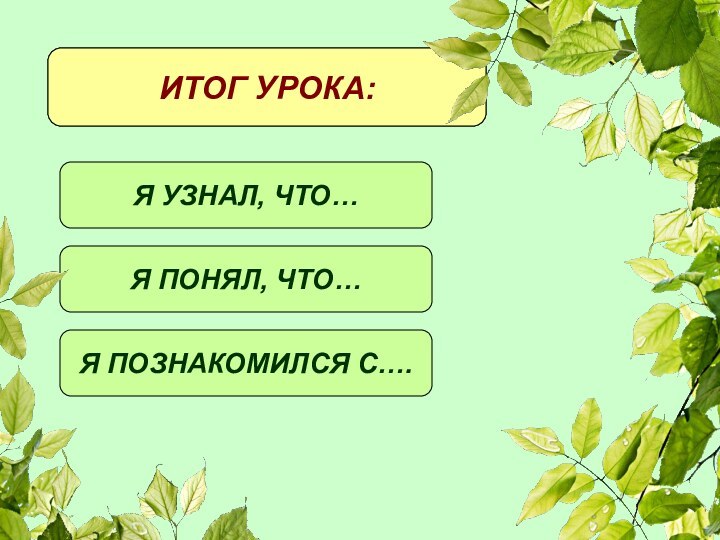 ИТОГ УРОКА:Я УЗНАЛ, ЧТО…Я ПОНЯЛ, ЧТО…Я ПОЗНАКОМИЛСЯ С….ИТОГ УРОКА: