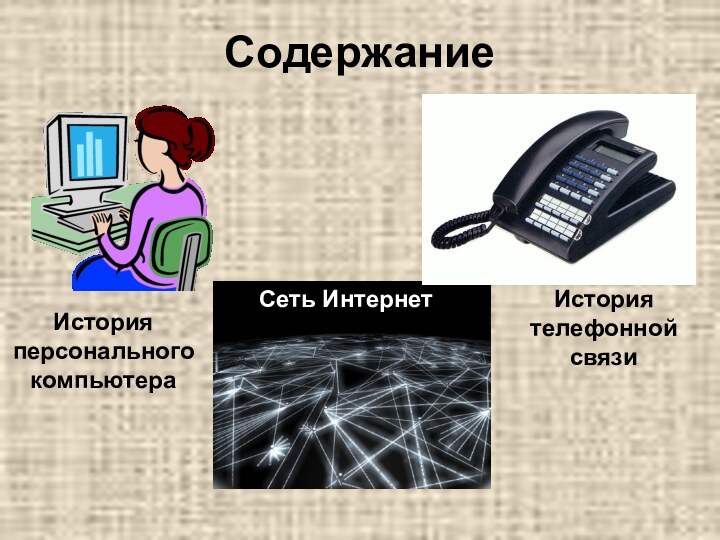 СодержаниеСеть ИнтернетИсторияперсонального компьютераИстория телефонной связи