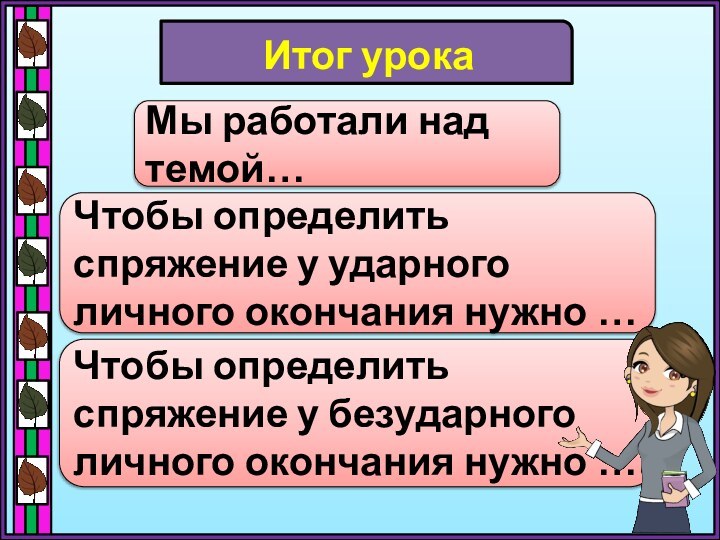 Итог урокаМы работали над темой…Чтобы определить спряжение у ударного личного окончания нужно