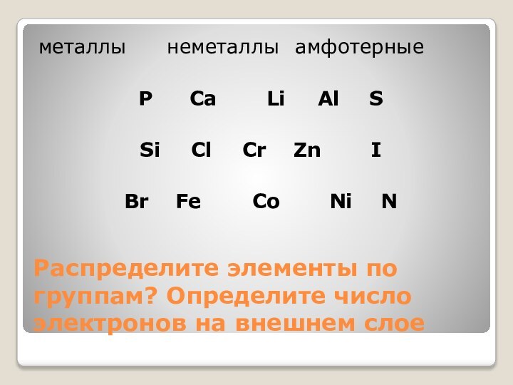 Распределите элементы по группам? Определите число электронов на внешнем слоеметаллы		неметаллы	амфотерныеP		Ca		Li		Al		SSi		Cl		Cr		Zn		IBr		Fe		Co		Ni		N