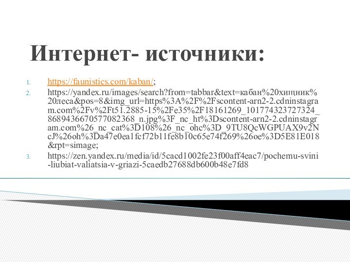 Интернет- источники:https://faunistics.com/kaban/;https://yandex.ru/images/search?from=tabbar&text=кабан%20хищник%20леса&pos=8&img_url=https%3A%2F%2Fscontent-arn2-2.cdninstagram.com%2Fv%2Ft51.2885-15%2Fe35%2F18161269_101774323727324_8689436670577082368_n.jpg%3F_nc_ht%3Dscontent-arn2-2.cdninstagram.com%26_nc_cat%3D108%26_nc_ohc%3D_9TU8QcWGPUAX9v2NcJ%26oh%3Da47e0ea1fcf72b11fe8b10c65e74f269%26oe%3D5E81E018&rpt=simage;https://zen.yandex.ru/media/id/5cacd1002fe23f00aff4eac7/pochemu-svini-liubiat-valiatsia-v-griazi-5caedb27688db600b48e7fd8