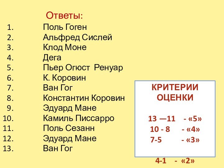 Ответы:Поль ГогенАльфред СислейКлод МонеДегаПьер Огюст РенуарК. КоровинВан ГогКонстантин КоровинЭдуард МанеКамиль Писсарро Поль