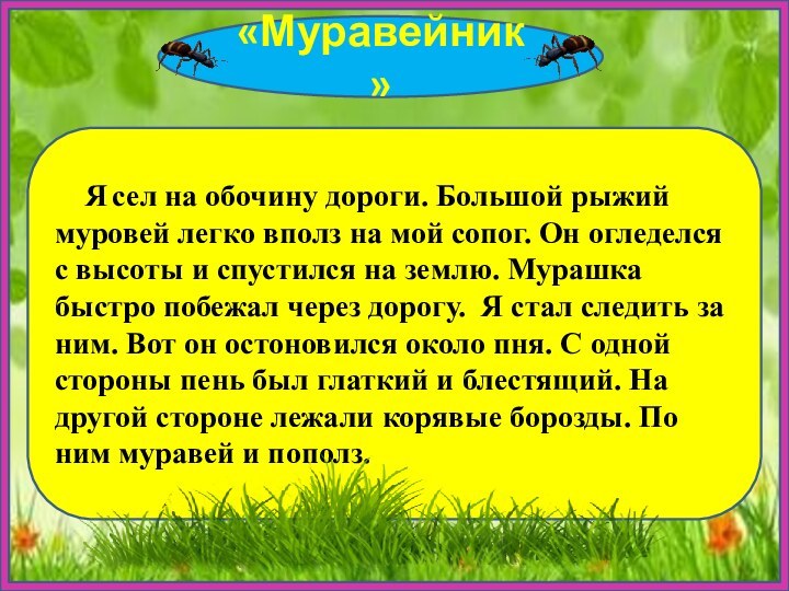 «Муравейник»   Я сел на обочину дороги. Большой рыжий муровей легко